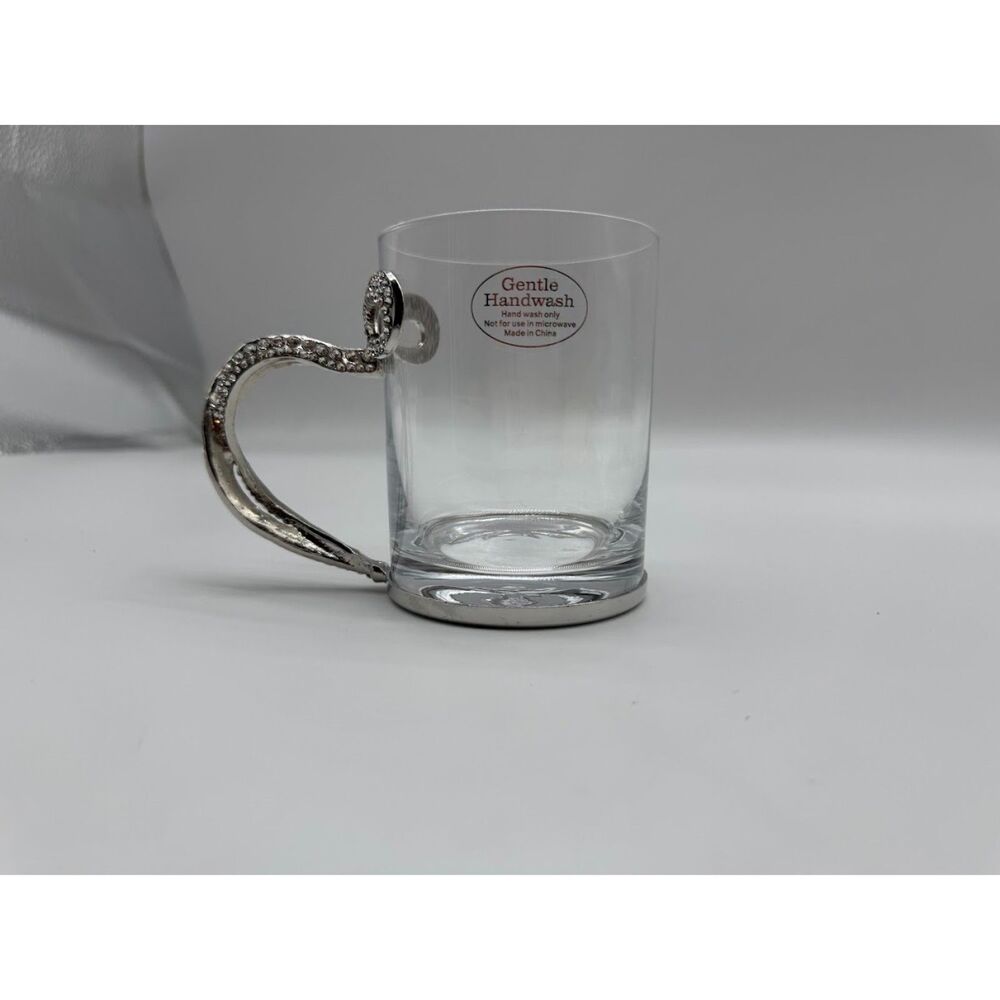 Sliver & Rhinestone Bow Handle Glass Mug